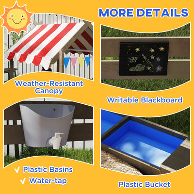 Outsunny House-Designed Wooden Sandbox, Outdoor Sandpit, with Blackboard, Toys, Sink, Seats, Flags, for Ages 3-7 Years - Grey 