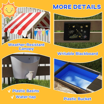 Outsunny House-Designed Wooden Sandbox, Outdoor Sandpit, with Blackboard, Toys, Sink, Seats, Flags, for Ages 3-7 Years - Grey 