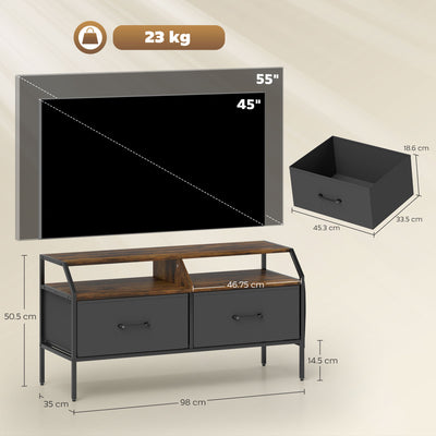 HOMCOM TV Stand Cabinet, TV Unit for 55-inch TVs with 2 Foldable Fabric Drawers, 5 Divided Side Pockets, Open Shelves, Console Table for Living Room, Bedroom, Entertainment Room, Rustic Brown 