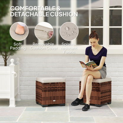 Outsunny Set of 2 Rattan Storage Ottoman, Outdoor Footstool with Removable Cushions, Garden Storage Seat for Balcony, Poolside, Living Room, Beige 