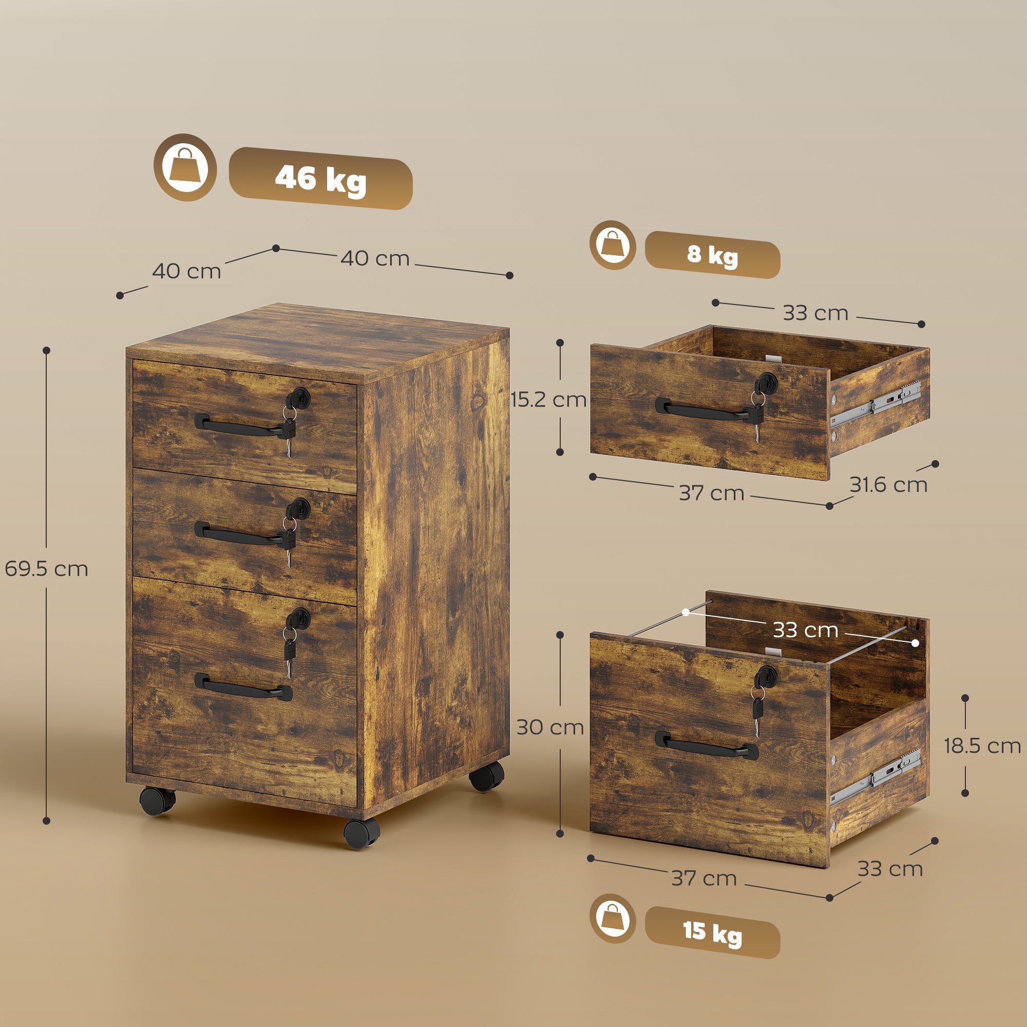 HOMCOM Three Drawer Wood-Effect Filing Cabinet - Rustic Brown 