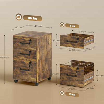 HOMCOM Three Drawer Wood-Effect Filing Cabinet - Rustic Brown 