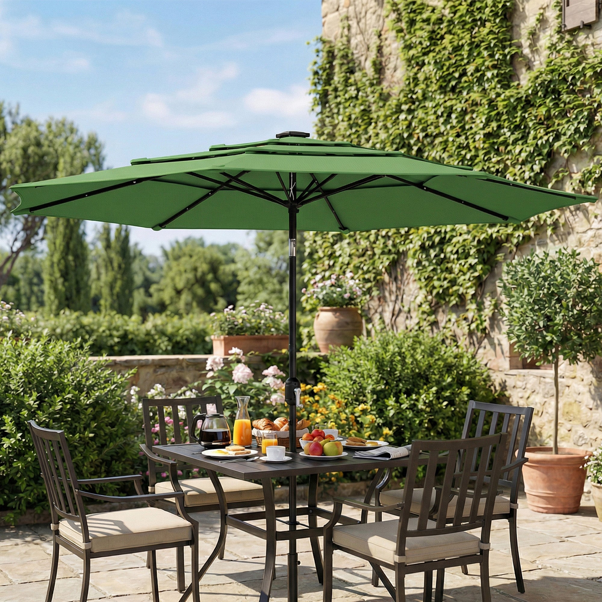 Outsunny Garden Parasol, Parasol Umbrella with 3-tier Roof, Crank Handle, Tilt Function, Polyester Canopy, Green 