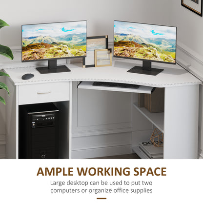 HOMCOM L-Shaped Corner Computer Desk w/ 2 Shelves Wide Worktop Keyboard Tray Drawer & CPU Stand Home Office Study Bedroom Furniture White 
