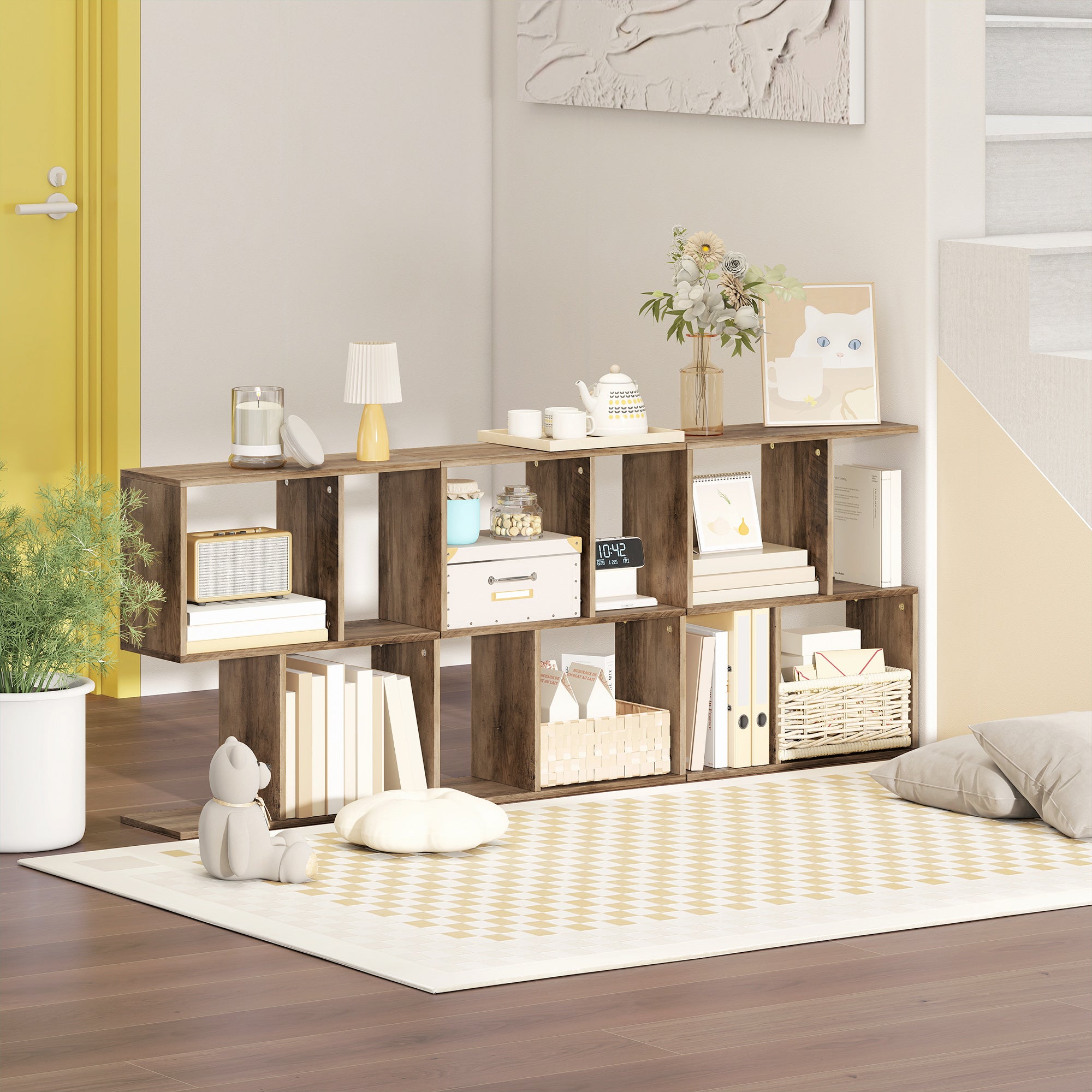 HOMCOM Side Table, Narrow End Table with Storage Shelves, S-Shaped, 3-Tier, 50W x 19.5D x 58H cm, Oak 
