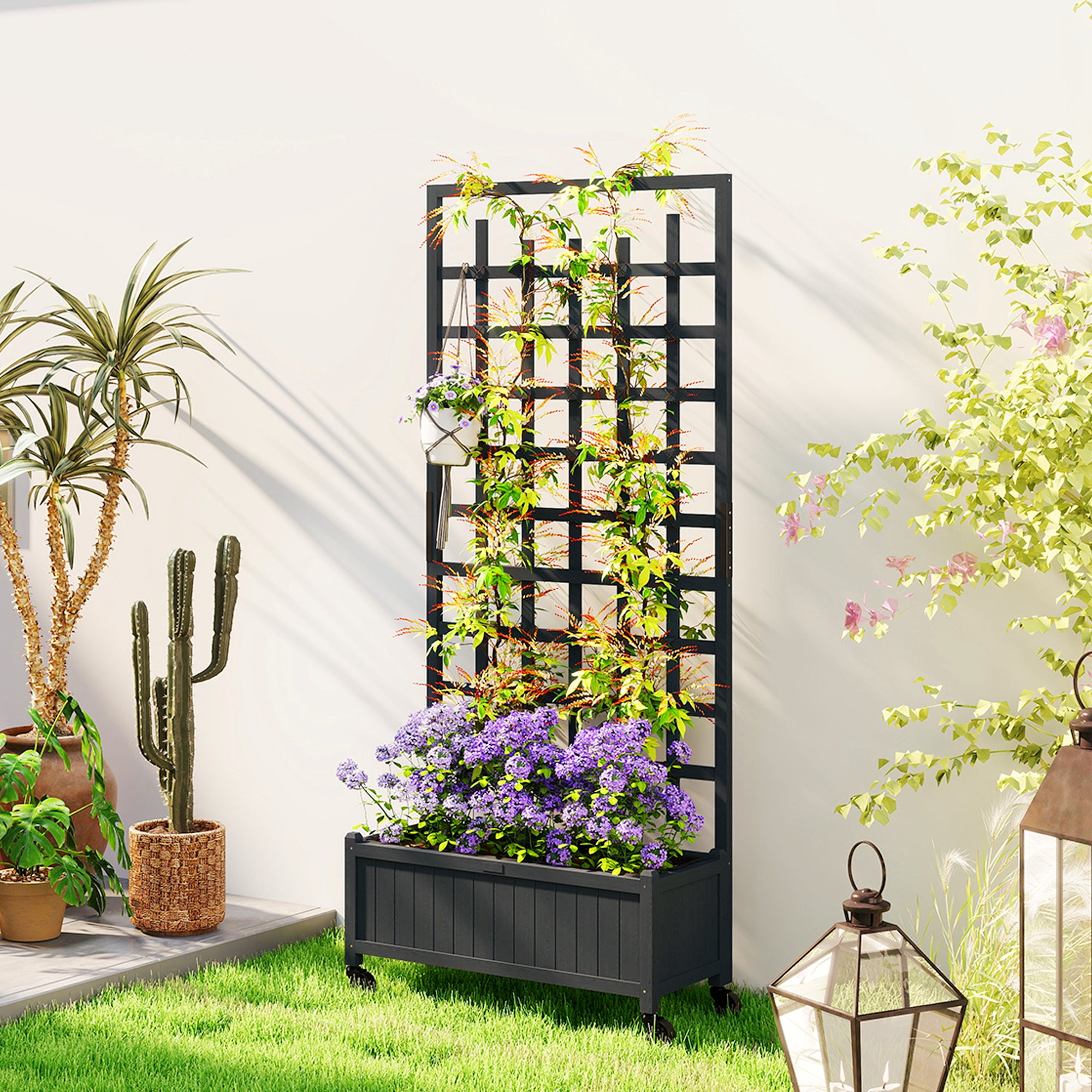 Outsunny Wooden Trellis Planter, Raised Garden Bed with Wheels, to Climb and Grow Vegetables, Herbs and Flowers, Grey 