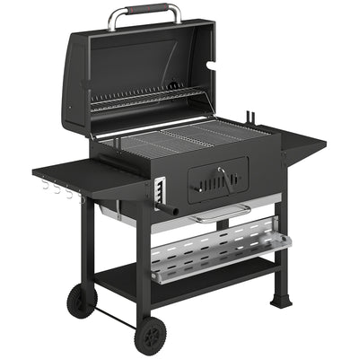 Outsunny Charcoal BBQ Grill Smoker with Electric Rotisserie Kit, Portable Barbecue Grill with Warming Rack, Black 
