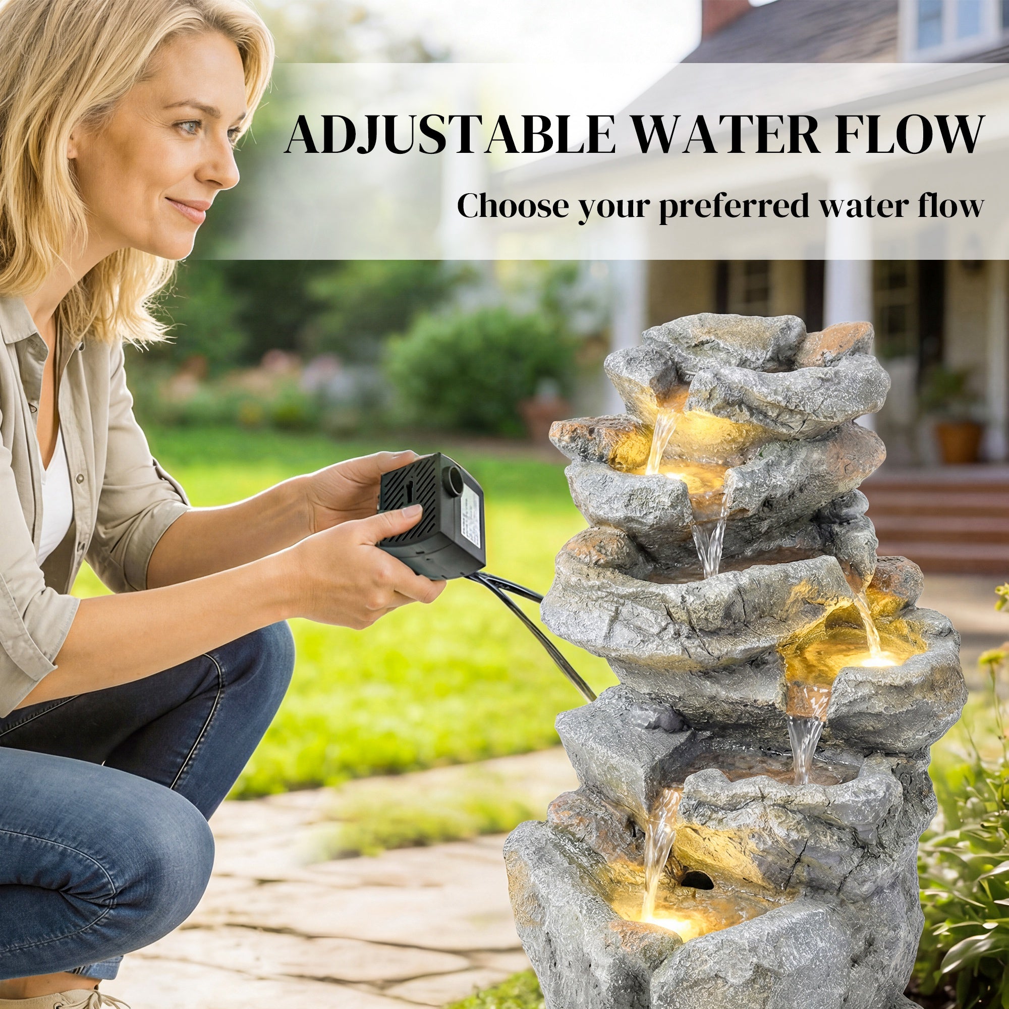 Outsunny Outdoor Water Fountain with 6-Tier Rock Style, Cascading Waterfall Feature with LED Lights, Adjustable Flow, Grey 