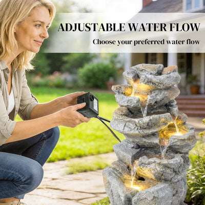 Outsunny Outdoor Water Fountain with 6-Tier Rock Style, Cascading Waterfall Feature with LED Lights, Adjustable Flow, Grey 