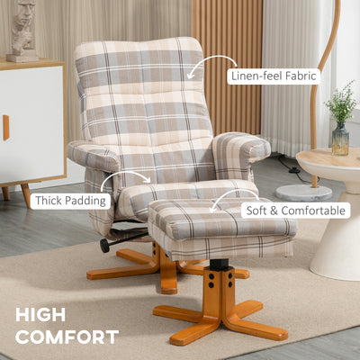 HOMCOM Linen Swivel Recliner Chair with Footstool, Wooden Base and Storage for Living Room, Multicolour 