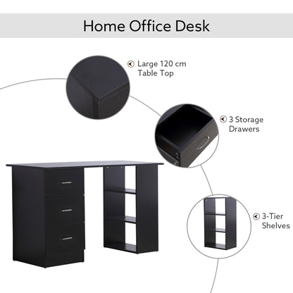 HOMCOM Computer Desk, Writing Table, PC Workstation with 3 Storage Shelves and Drawers, Silver Handle, for Home Office, Black 