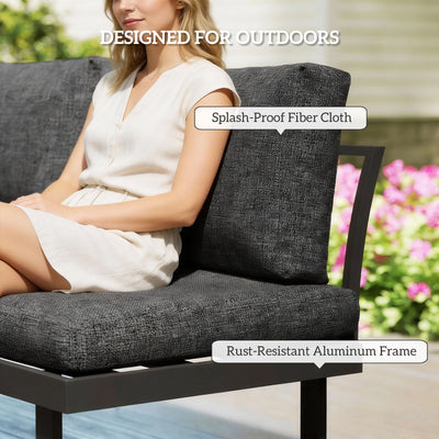 Outsunny 4 Seater L Shaped Aluminium Sectional Garden Furniture Set with 2 Loveseats and Wood-Plastic Coffee Table - Natural Wood 