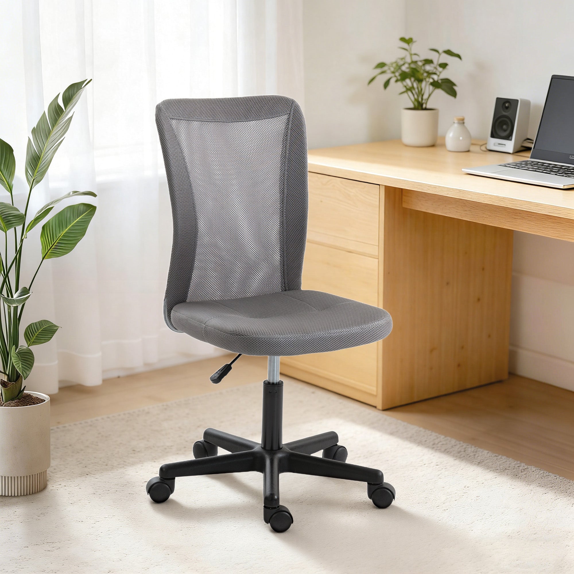 Vinsetto Computer Desk Chair, Mesh Office Chair with Adjustable Height and Swivel Wheels, Armless Study Chair, Grey 
