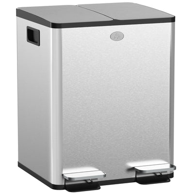 HOMCOM 40L Dual Compartment Stainless Steel Bin, with Deodoriser Holders - Silver Tone 