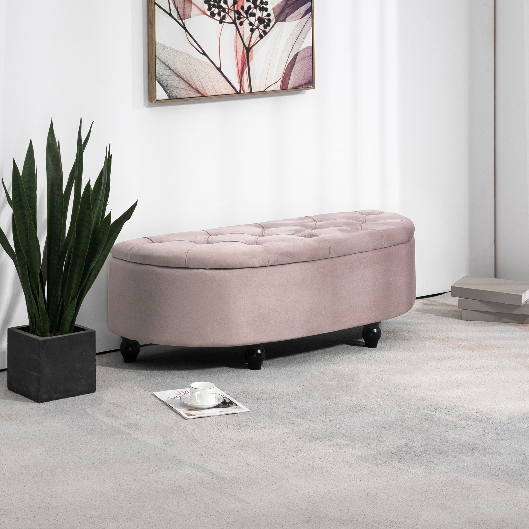 HOMCOM Semi-Circle Ottoman Storage Bench, Bed End Bench, Tufted Upholstered Window Seat Footrest Stool with Rubberwood Legs for Bedroom & Entryway, 120 x 46 x 42 cm, Pink