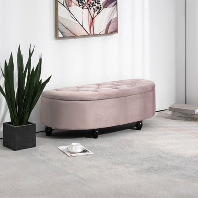 HOMCOM Semi-Circle Ottoman Storage Bench, Bed End Bench, Tufted Upholstered Window Seat Footrest Stool with Rubberwood Legs for Bedroom & Entryway, 120 x 46 x 42 cm, Pink 