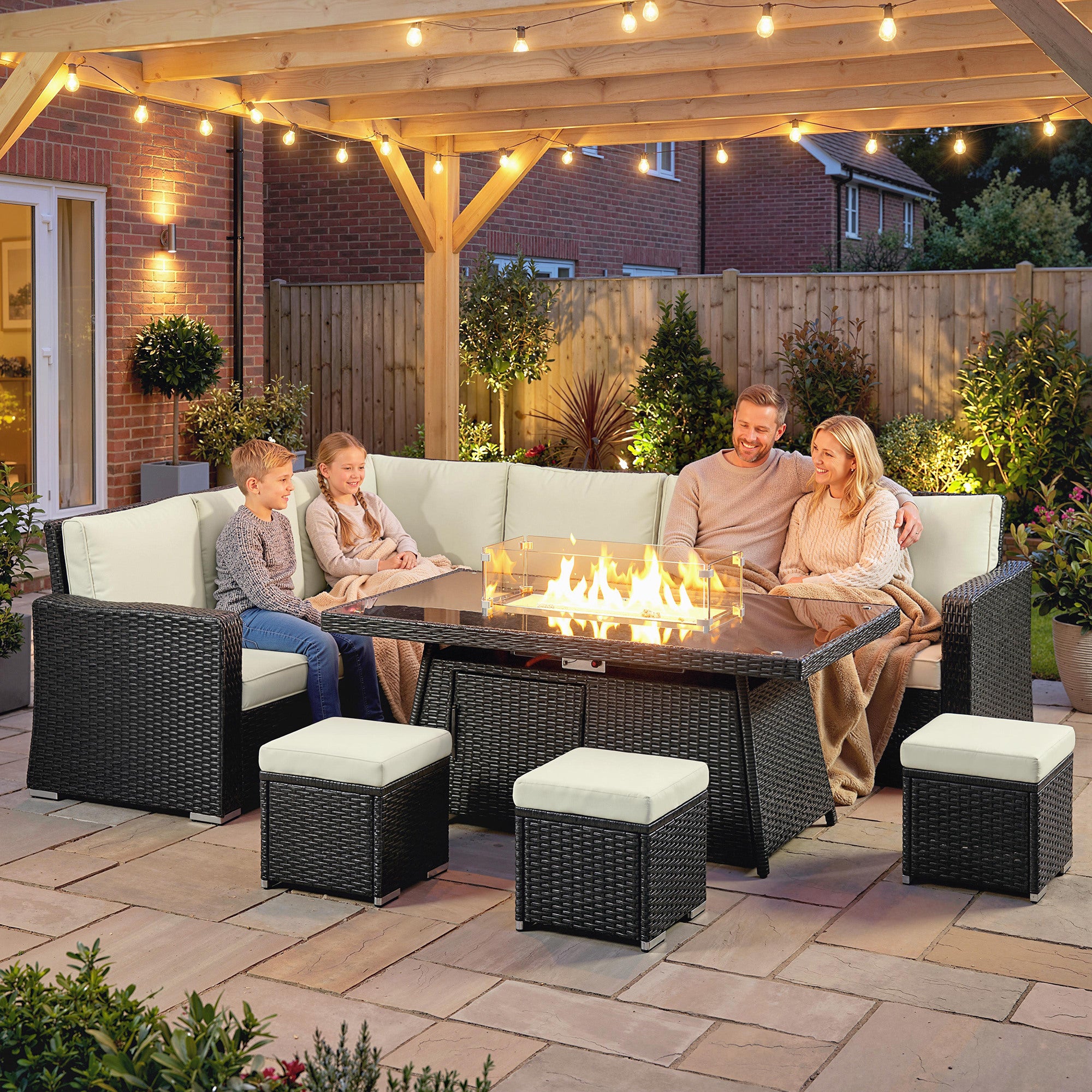 Outsunny 7 Pieces PE Rattan Garden Furniture Set, 50,000 BTU Gas Fire Pit Table, Double Corner Sofa and 3 Footstools 
