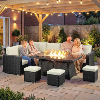 Outsunny 7 Pieces PE Rattan Garden Furniture Set, 50,000 BTU Gas Fire Pit Table, Double Corner Sofa and 3 Footstools 