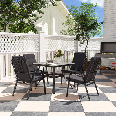 Outsunny 5 Pieces Outdoor Square Garden Dining Set w/ Tempered Glass Dining Table 4 Cushioned Armchairs, Umbrella Hole, Black 