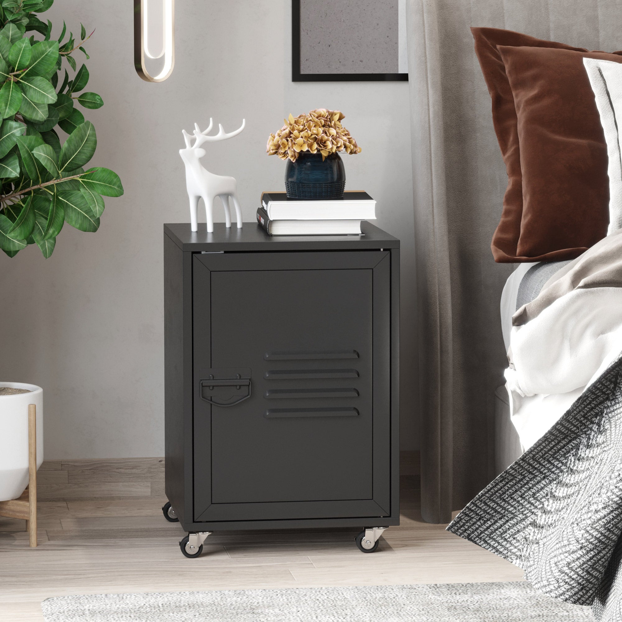 HOMCOM Industrial Bedside Table, Rolling End Side Table, Mobile Storage Cabinet With Adjustable Shelf, Wheels & Metal Door for Bedroom, Living Room, Home Office, Black 