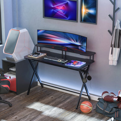 HOMCOM Gaming Desk Writing Racing Computer Table Workstation with Headphone Hook Curved Front Adjustable Feet for Home Office Use 140 x 60cm 