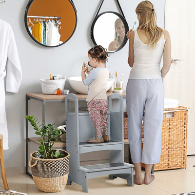 HOMCOM Kids Wooden Step Stool Kitchen Helper w/ Non-Slip Panels Handles Child Toddler Home Help 3 - 8 Yrs Grey 