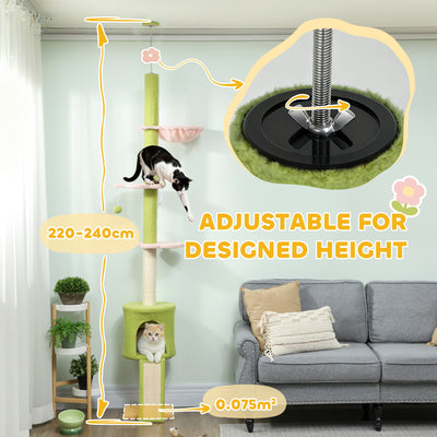 PawHut 220-240 cm Floor to Ceiling Cat Tree Adjustable Height with Hammock, Condo, Scratching Posts, Green 