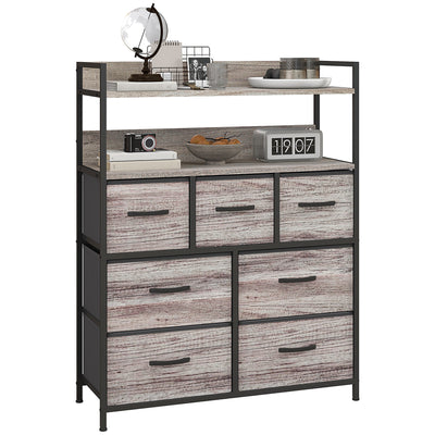 HOMCOM Rustic Chest of Seven Fabric Drawers - Grey Wood Effect 