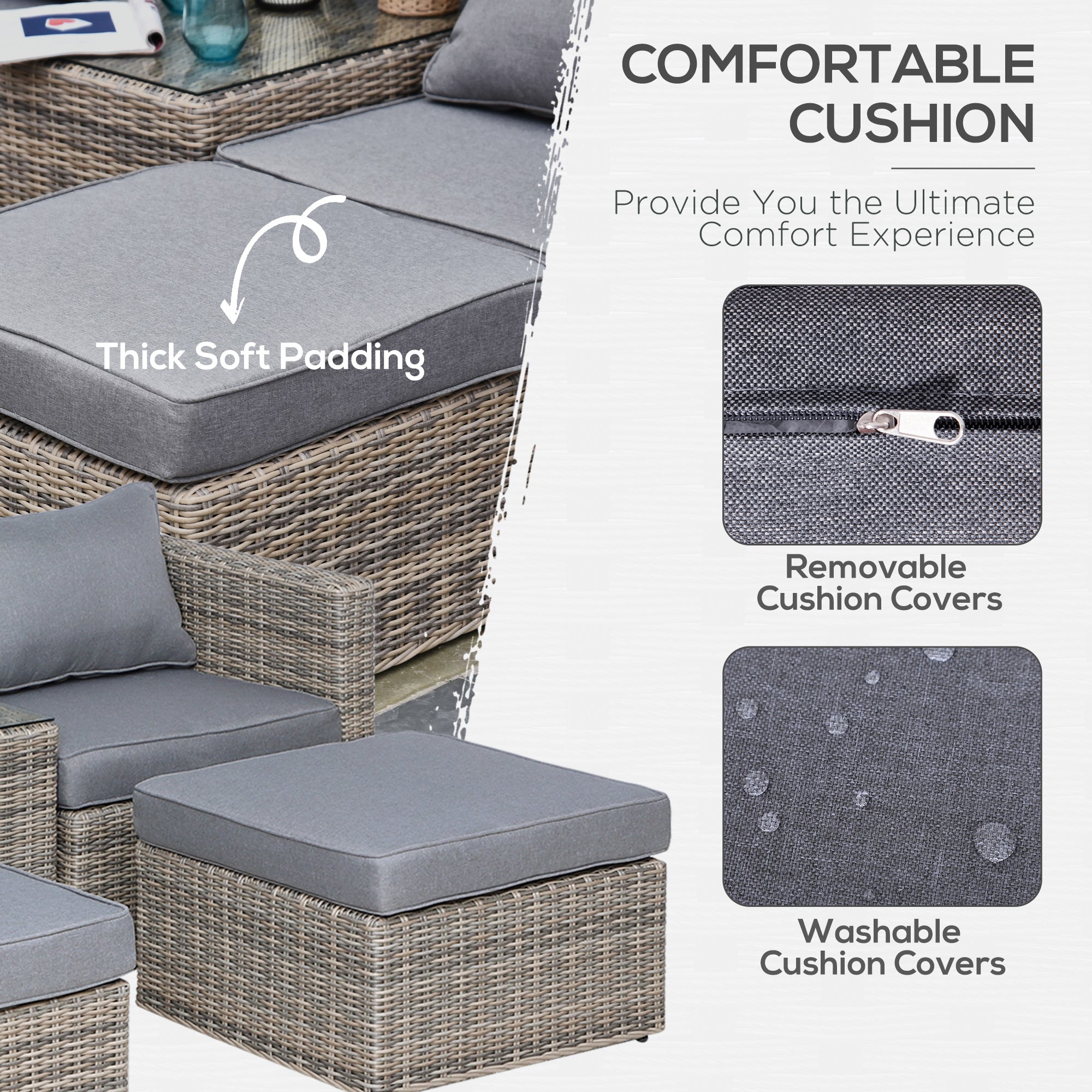 Outsunny 5 Piece Rattan Garden Furniture Set w/ 10cm Thick Cushions, Aluminium Frame Wicker Outdoor Balcony Sofa Set with Corner Armchairs, Ottomans, and Glass Top Table, Mixed Brown 