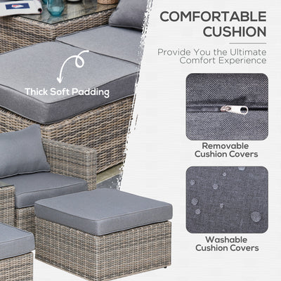 Outsunny 5 Piece Rattan Garden Furniture Set w/ 10cm Thick Cushions, Aluminium Frame Wicker Outdoor Balcony Sofa Set with Corner Armchairs, Ottomans, and Glass Top Table, Mixed Brown 