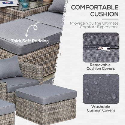 Outsunny 5 Piece Rattan Garden Furniture Set w/ 10cm Thick Cushions, Aluminium Frame Wicker Outdoor Balcony Sofa Set with Corner Armchairs, Ottomans, and Glass Top Table, Mixed Brown 