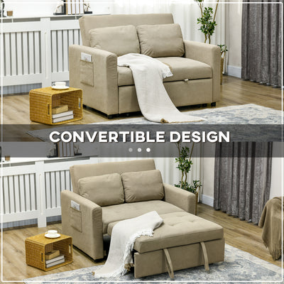 HOMCOM Loveseat Sofa Bed, Convertible Bed Settee with 2 Cushions, Side Pockets for Living Room, Light Brown 