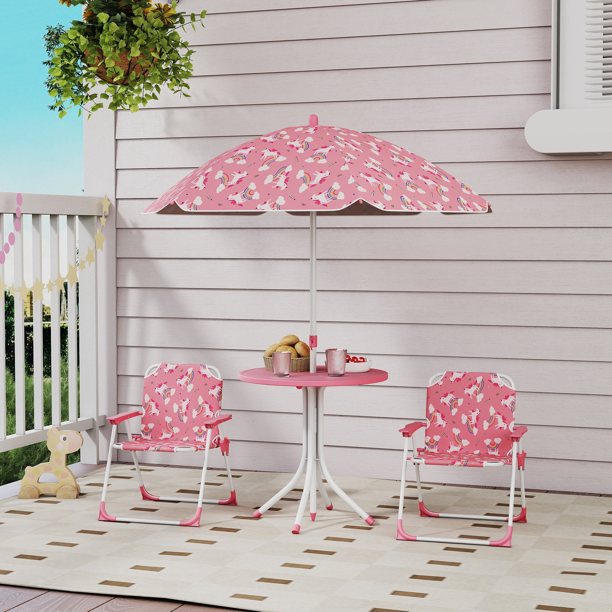 AIYAPLAY Kids Patio Table and Chair Set, Kids Garden Furniture with Umbrella, 4-Piece Bistro Set for Garden, Pink 