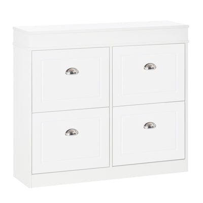 HOMCOM Shoe Cabinet with 4 Flip Drawers Wood Tipping Bucket Narrow Storage Cupboard with Adjustable Shelf Hall Organizer for Entrance Foyer White 