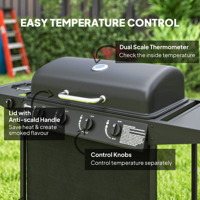 Outsunny 4+1 Burner Gas BBQ Grill, Portable Gas Barbecue Grill with Built-in Thermometer, Lid, Side Table, Shelf, Spice Rack, Wheels, Grease Cup for Garden Party Outdoor Cooking, Black 