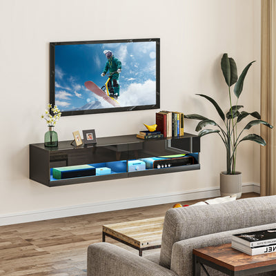 HOMCOM Floating TV Unit, Wall Mounted TV Cabinet for TVs up to 65", High Gloss Media Wall Unit with LED Lights, Storage Shelves for Living Entertainment Room, Black 