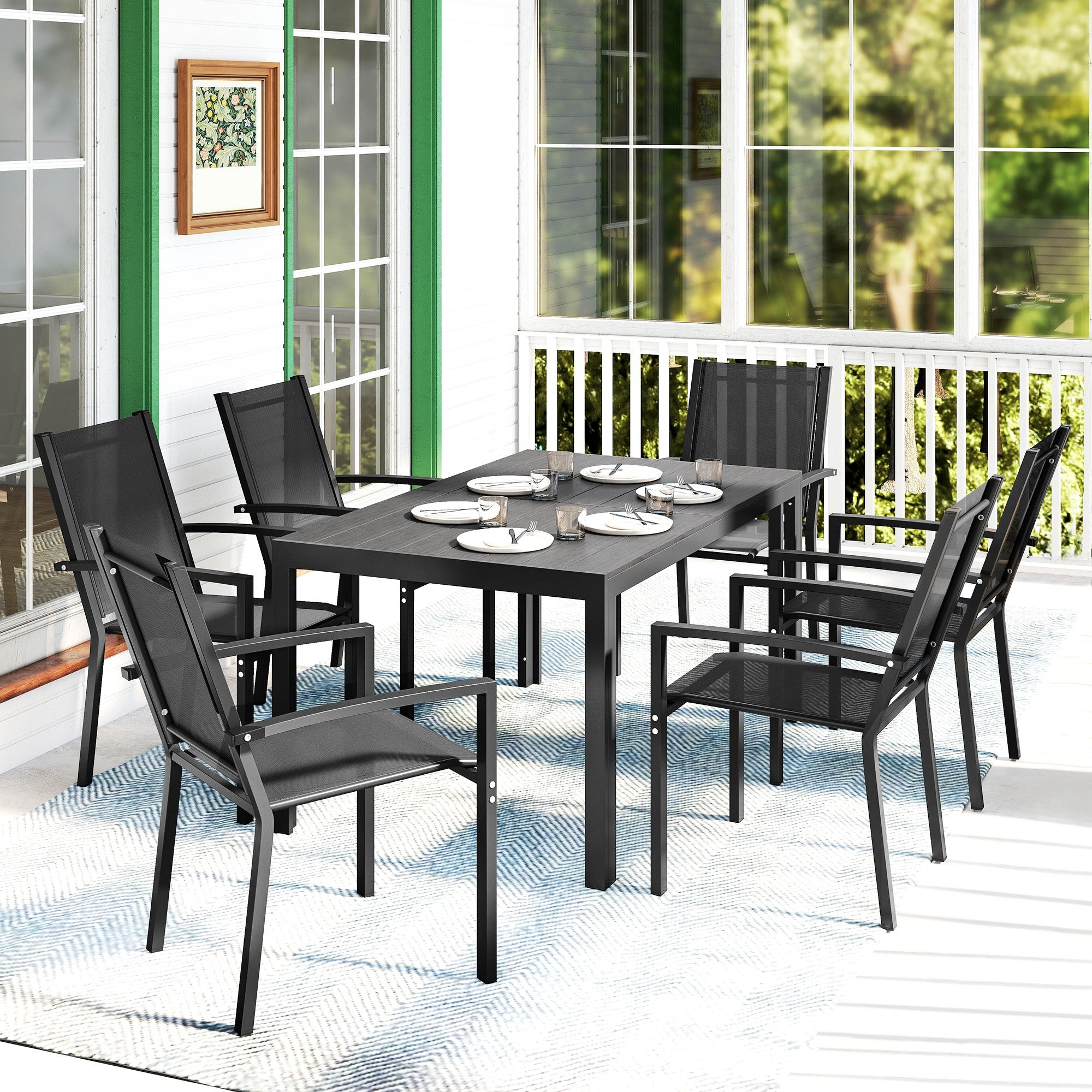 Outsunny Seven-Piece Garden Dining Set, with Plastic Wood-Top Table - Black 