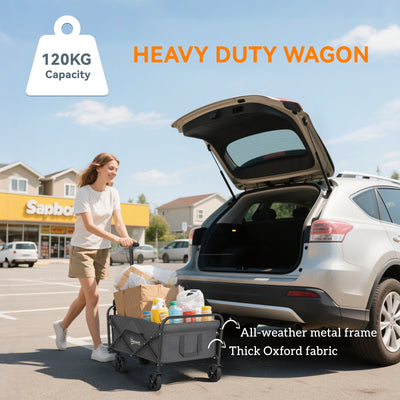 Outsunny 62L Festival Trolley on Wheels, Garden Folding Trolley Cart, 120kg Heavy Duty Collapsible Folding Wagon with Adjustable Handle and Carrying Bag for Beach, Camping, Festival, Grey 