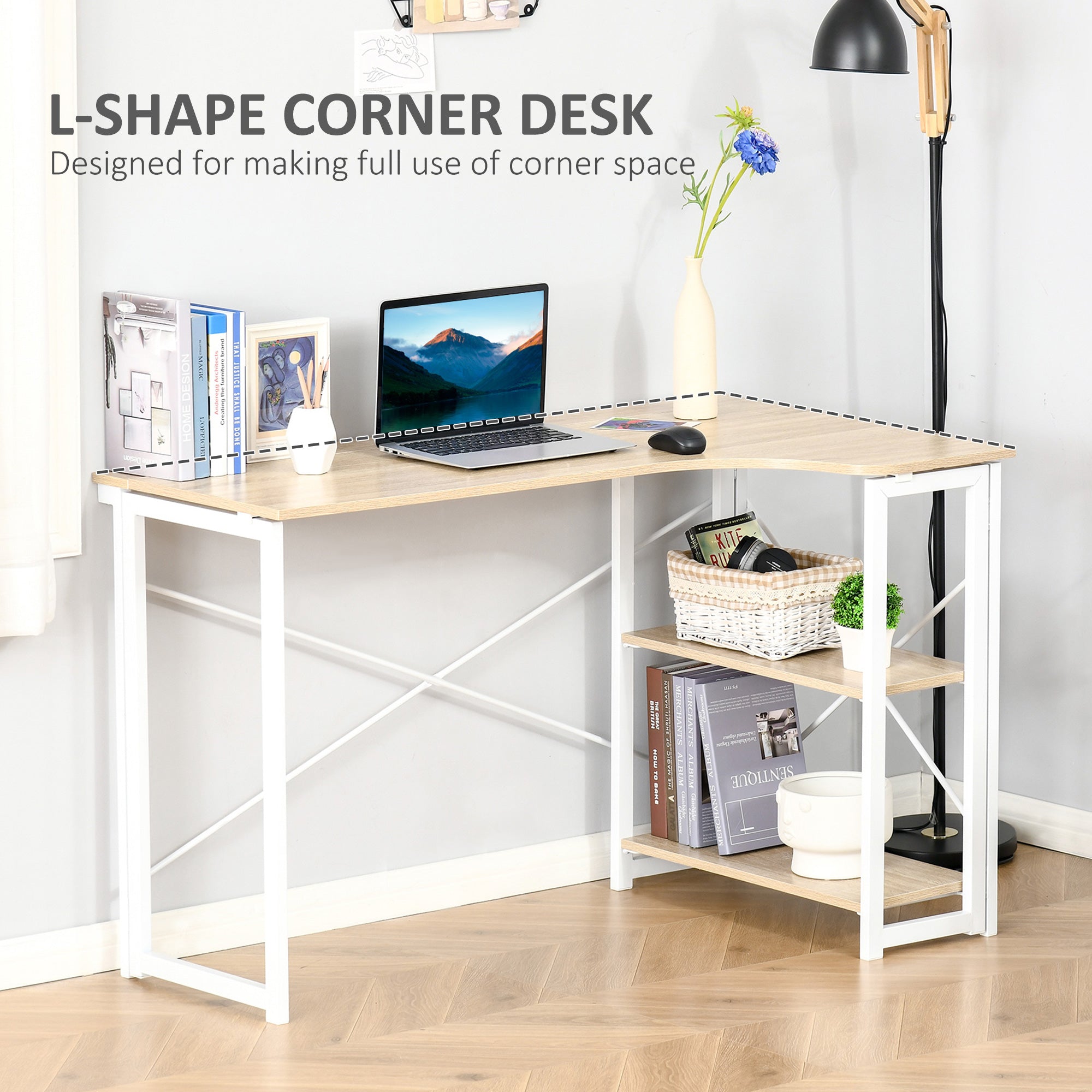 HOMCOM Folding Desk, L Shaped Desk, Corner Computer Desk with 2-Tier Storage Shelf for Home Office, Study Room, Workstation, Easy Assembly, 120 x 72.5 x 76.5cm, Oak Tone 