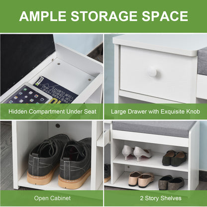 HOMCOM Multi-Storage Shoe Bench w/ Drawer 3 Compartments Cushioned Home Organisation Furniture Tidy Boots Hallway Entryway White 