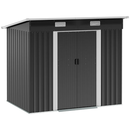 Outsunny 7 x 4ft Outdoor Storage Shed with Foundation Kit, Lean to Metal Garden Shed for Log, Rubbish Bin, Tool, Lawnmower, Bike, Patio and Lawn Use, Black 