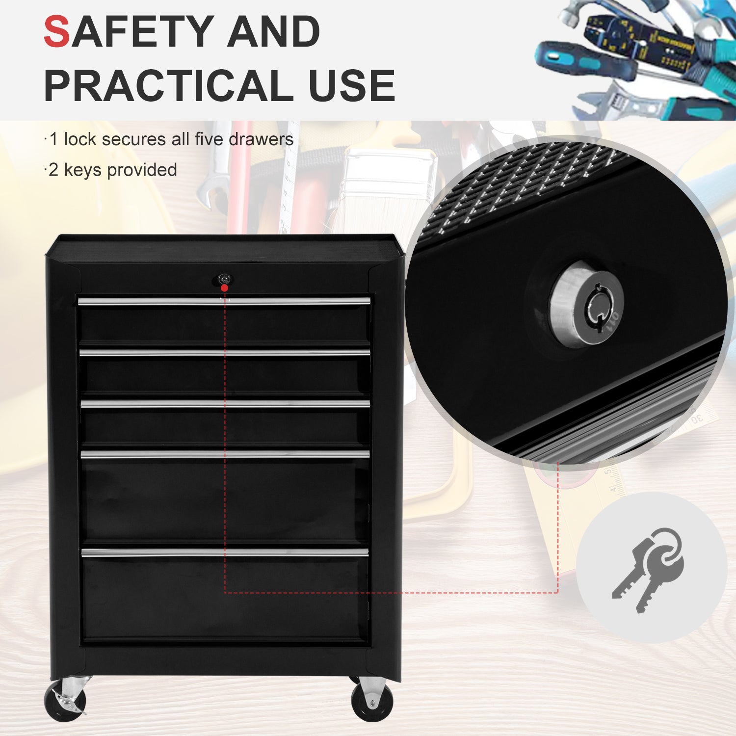 HOMCOM 5-Drawer Tool Chest, Lockable Steel Tool Storage Cabinet with Wheels and Handle Tool Box for Garage, Workshop, Black 