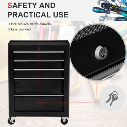 HOMCOM 5-Drawer Tool Chest, Lockable Steel Tool Storage Cabinet with Wheels and Handle Tool Box for Garage, Workshop, Black 