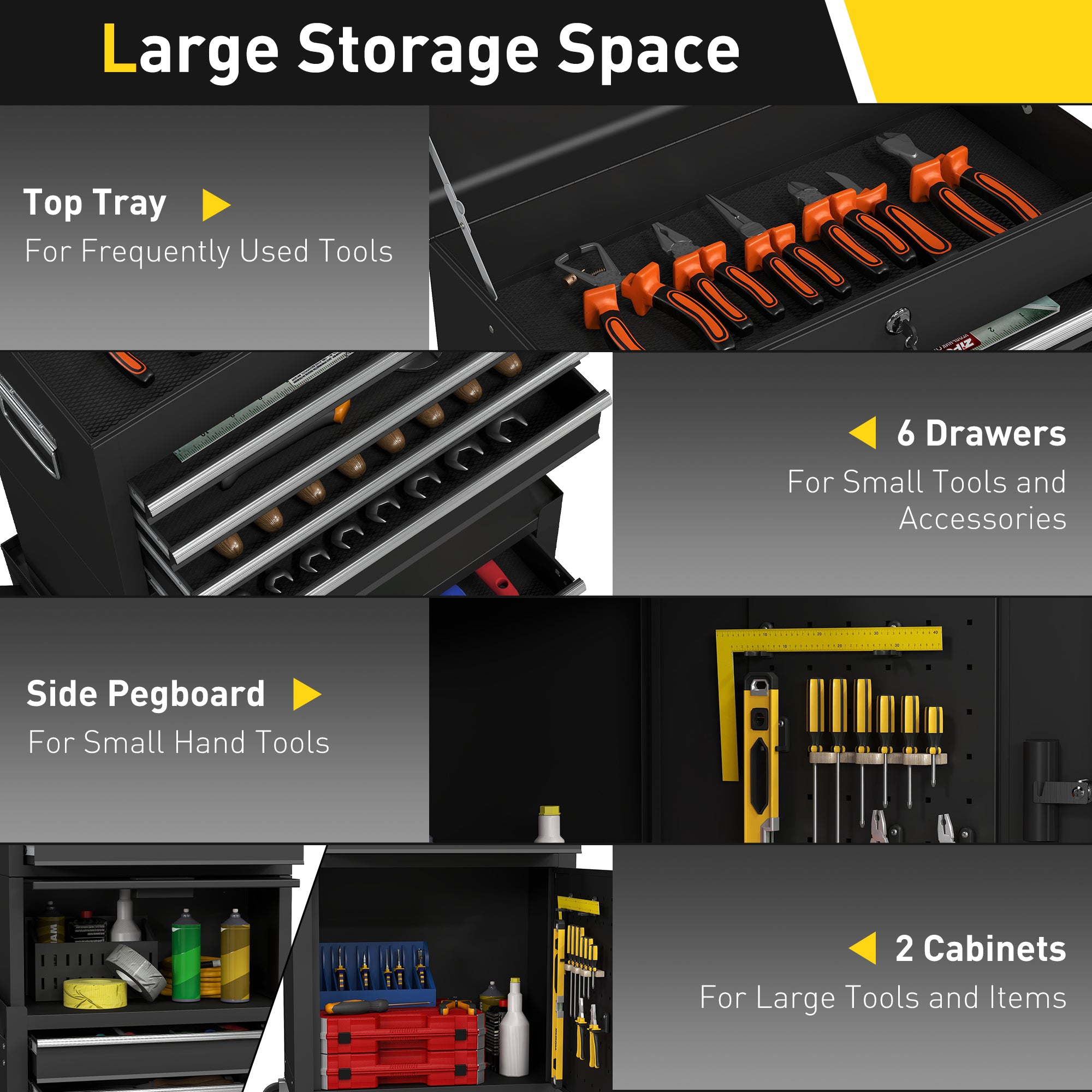 HOMCOM Three-Part Steel Locking Tool Chest - Black 
