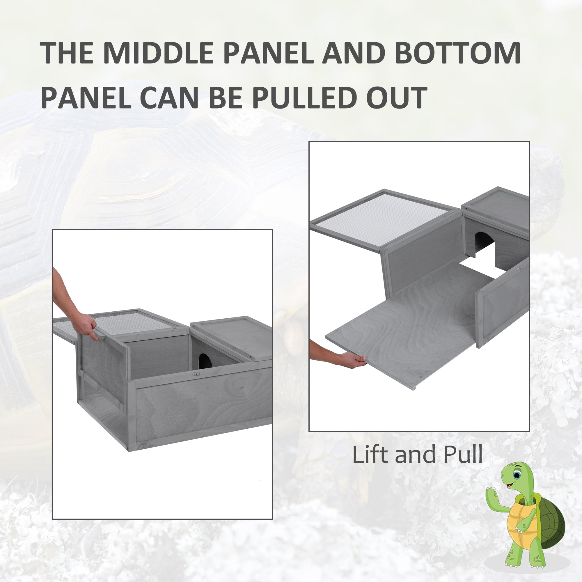 PawHut 94 cm Wooden Tortoise House Turtle Habitat Small Reptile Cage Enclosure with Two Room Grey 