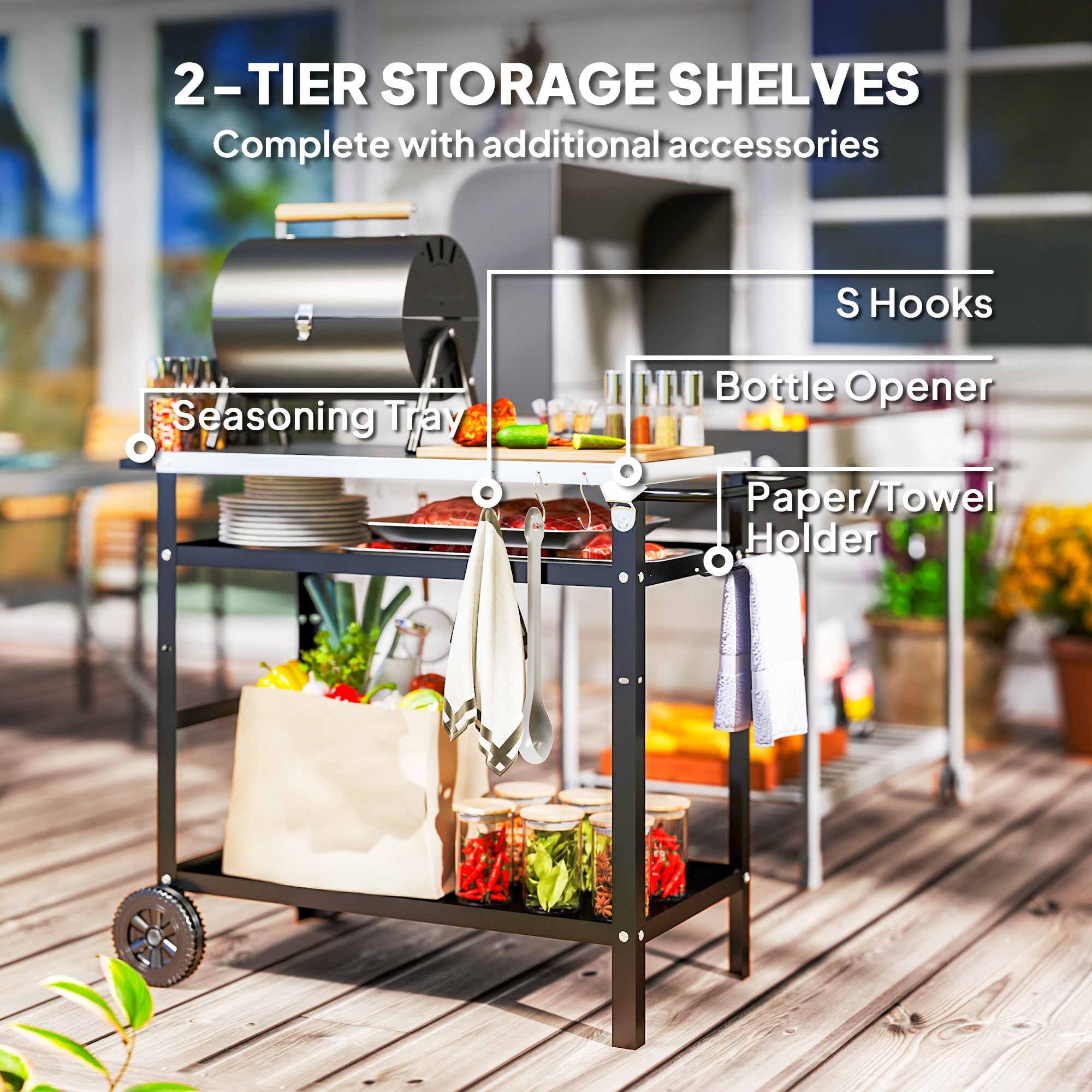 Outsunny BBQ Trolley with Stainless Steel Top Adjustable Shelf, Outdoor Kitchen BBQ Station with Hooks Seasoning Tray Towel Rack, Pizza Oven Table Movable Outdoor Grill Dining Cart with Cover, Black 