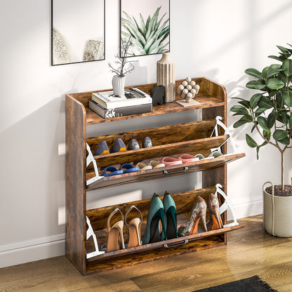 HOMCOM Two Flip Drawer Narrow Shoe Cabinet with Adjustable Shelves - Rustic Brown 