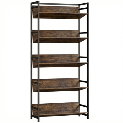 HOMCOM Bookshelf 5-Tier Metal Frame Room Divider Bookcase Storage Shelves for Living Room Rustic Brown 