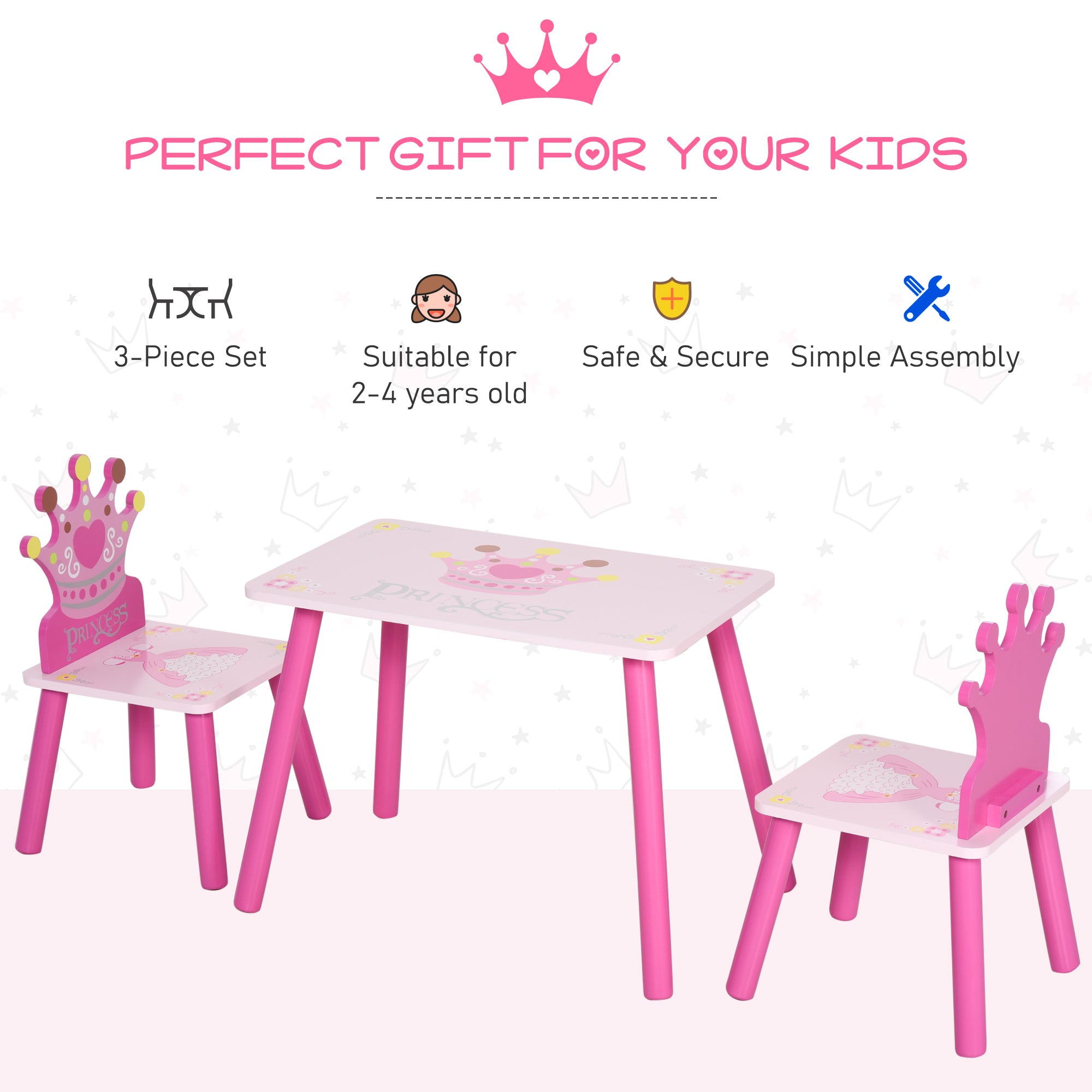 HOMCOM 3 Pcs Kids and Table Chair Set Princess & Crown Theme Home Furniture Pretty Gift 2-4 Years Pink 
