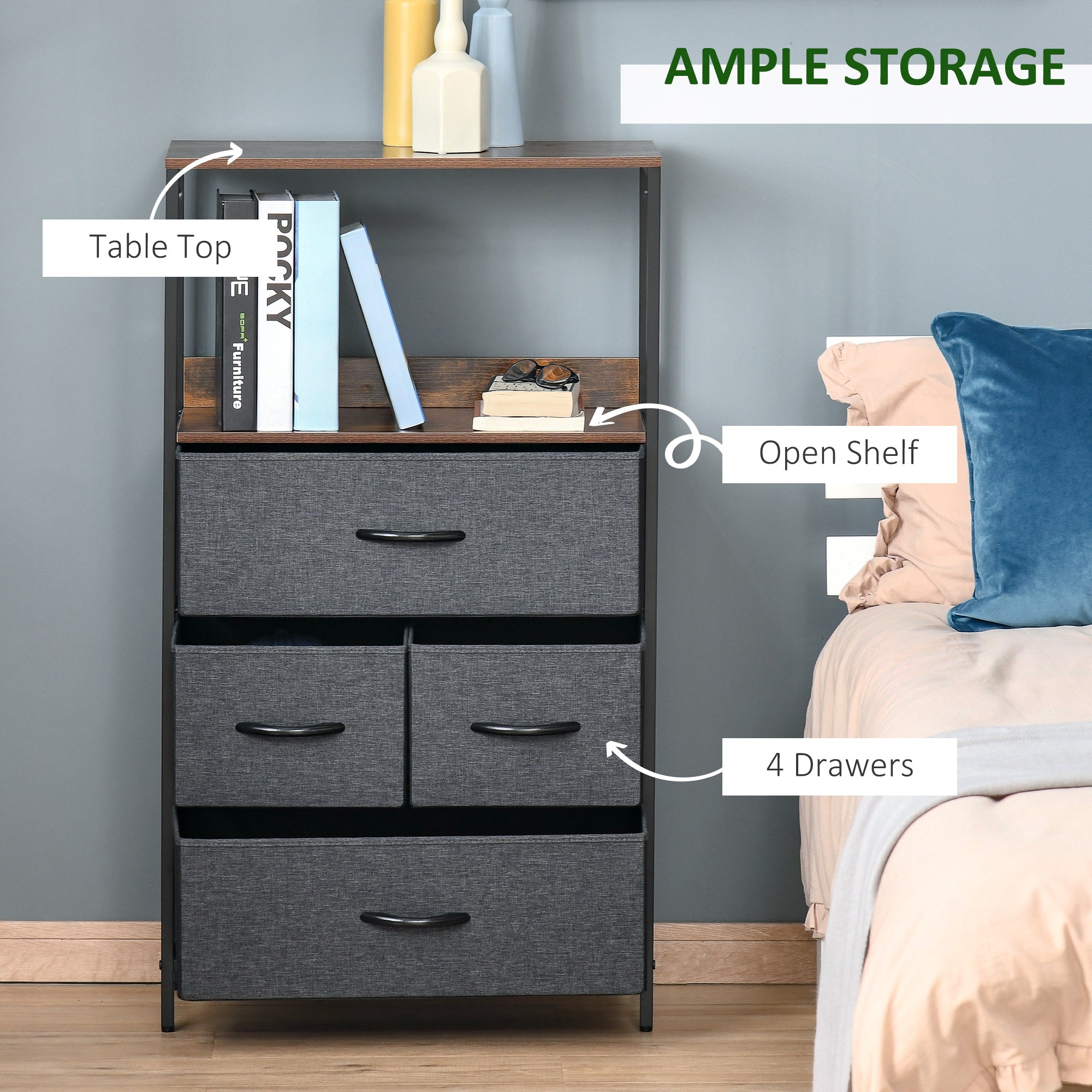 HOMCOM 4 Drawer Storage Chest Unit Home Cabinet w/ Shelves Home Living Room Bedroom Entryway Living Furniture, Black 